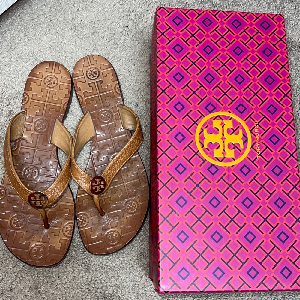 Tory Burch Brown Leather Logo Thong Sandals
